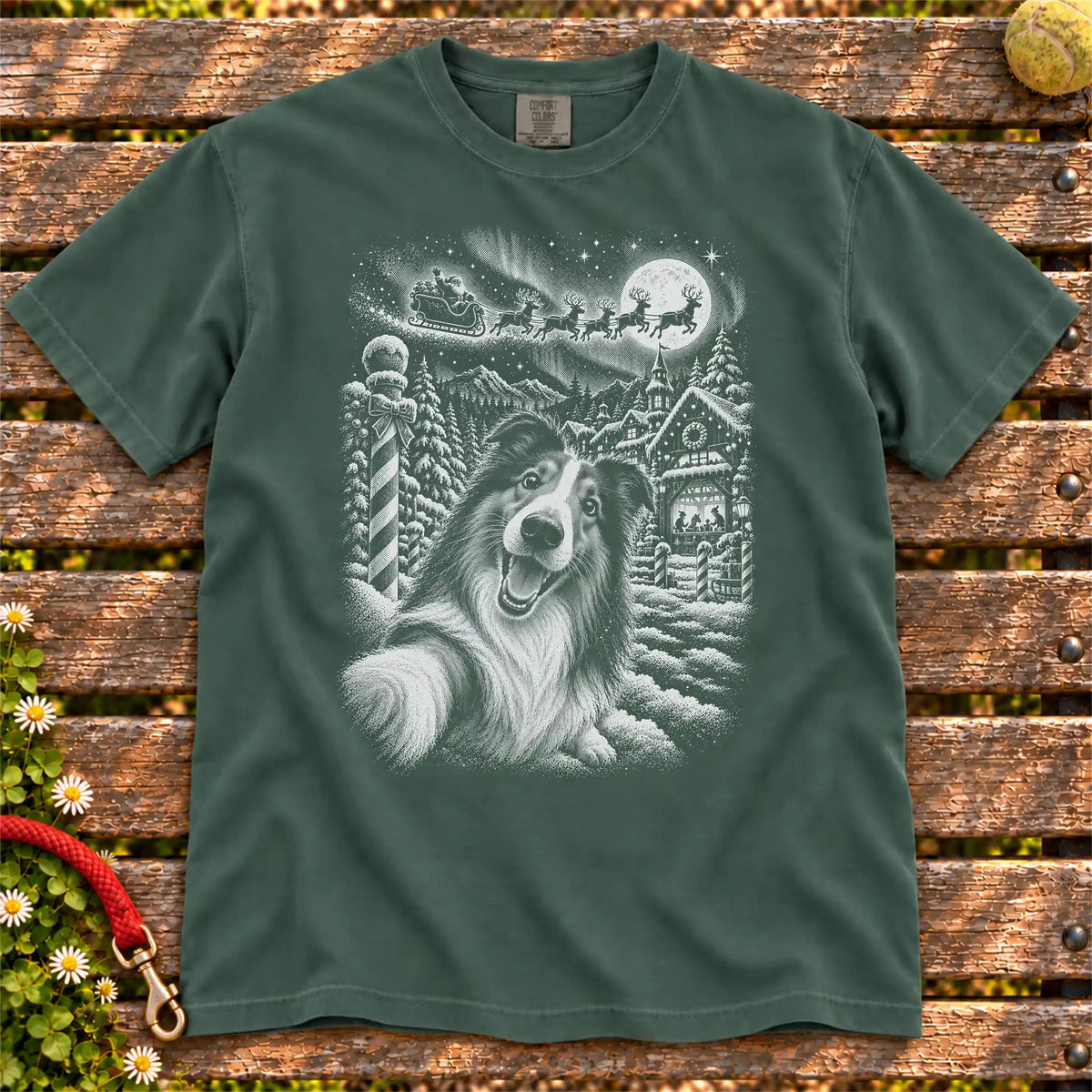 Collie Santa Selfie design on a Blue Spruce T-shirt