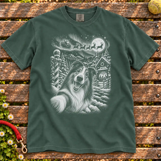 Collie Santa Selfie design on a Blue Spruce T-shirt