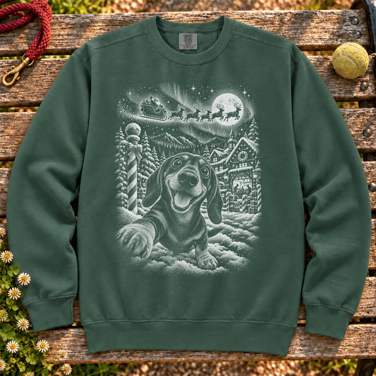Dachshund Santa Selfie design on a Blue Spruce sweatshirt