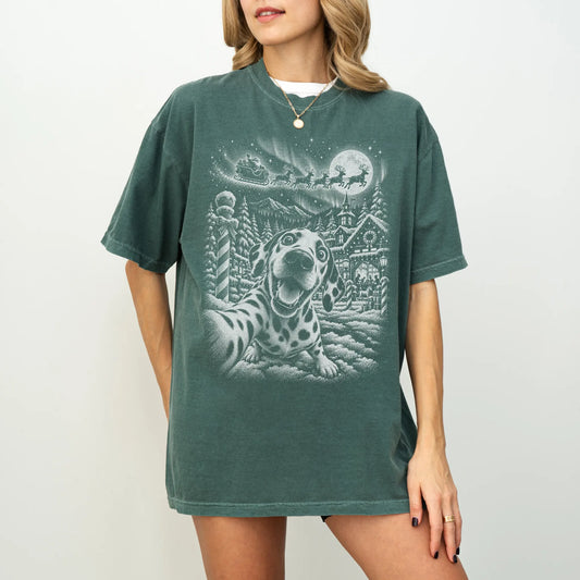 Woman wearing a Blue Spruce Dalmatian Santa Selfie T-shirt