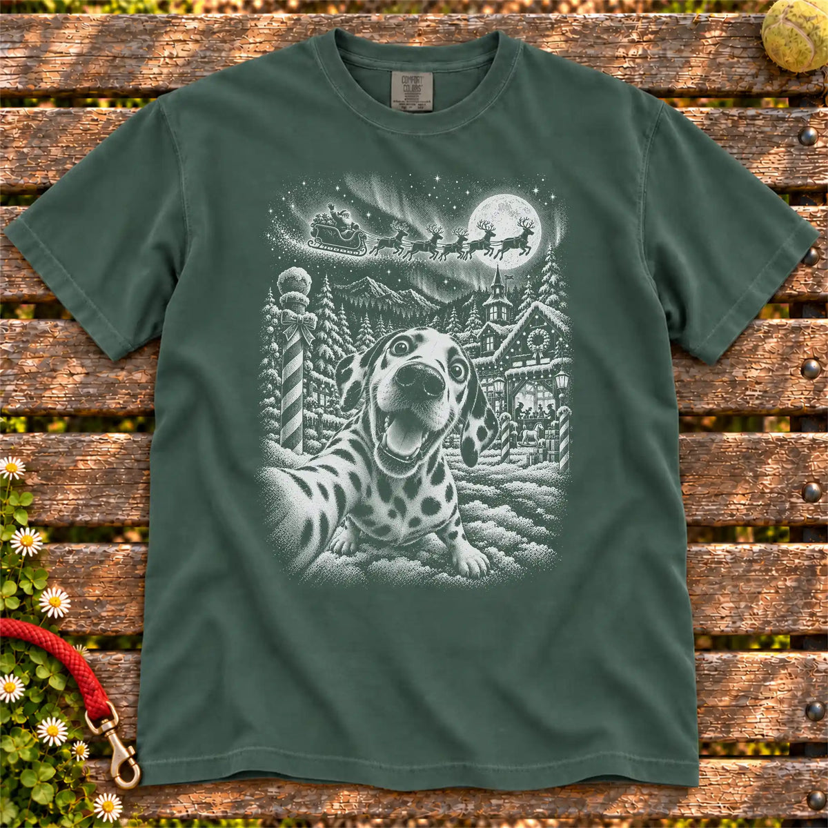 Dalmatian Santa Selfie design on a Blue Spruce T-shirt