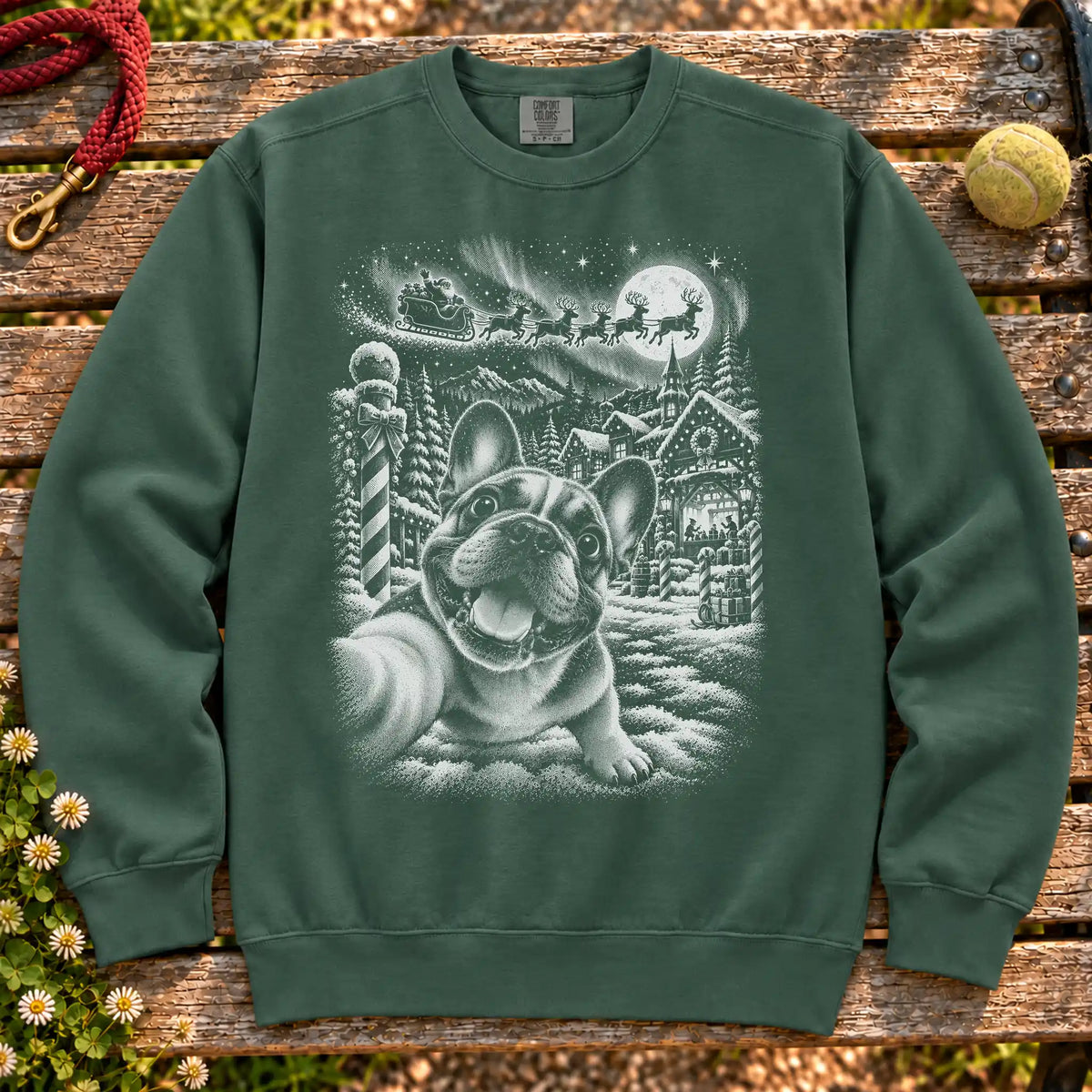 French Bulldog Santa Selfie design on a Blue Spruce sweatshirt