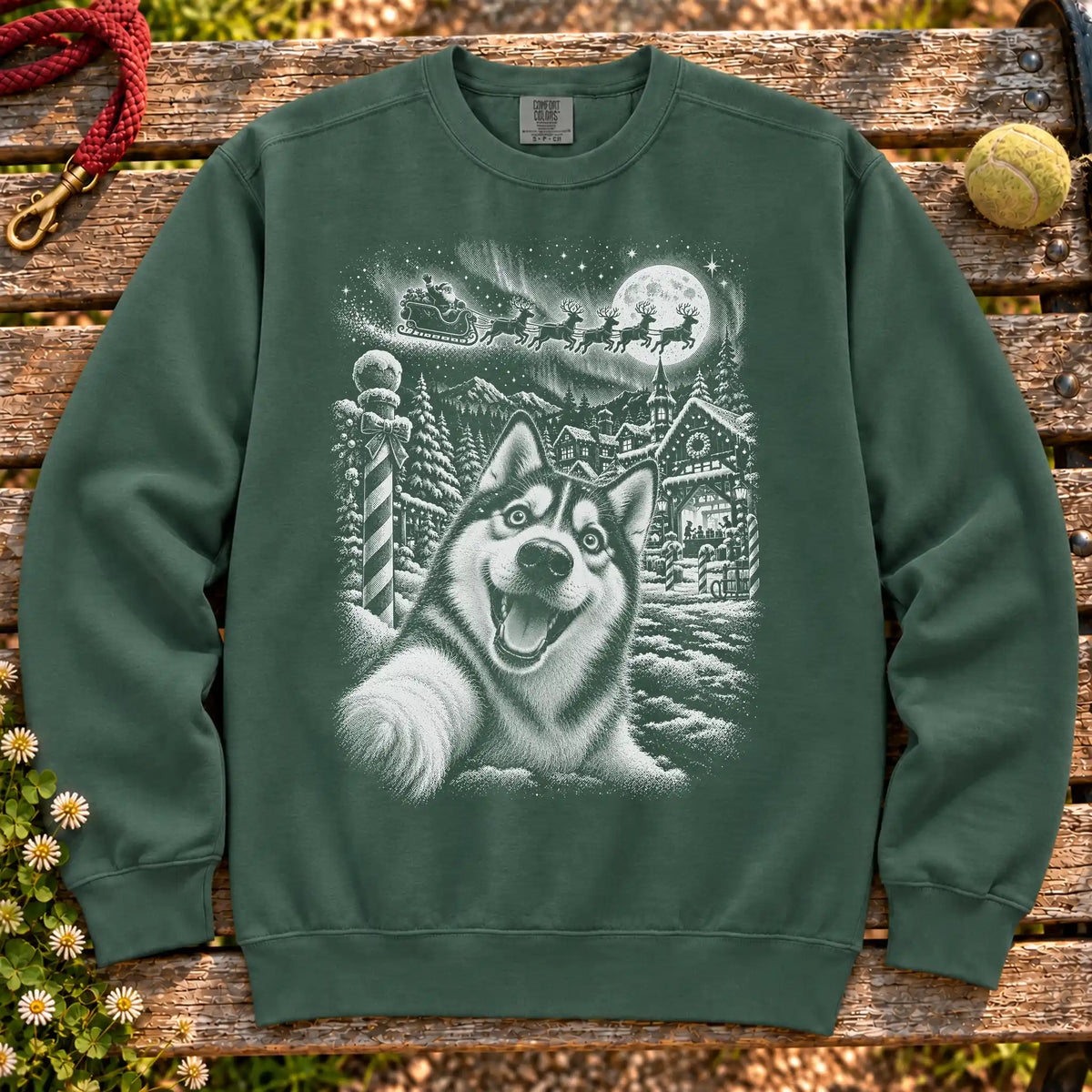Husky Santa Selfie design on a Blue Spruce sweatshirt