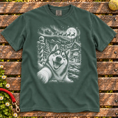 Husky Santa Selfie design on a Blue Spruce T-shirt