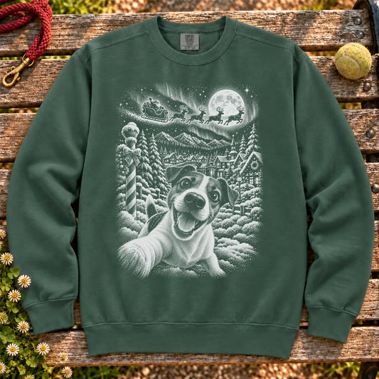Jack Russell Santa Selfie design on a Blue Spruce sweatshirt
