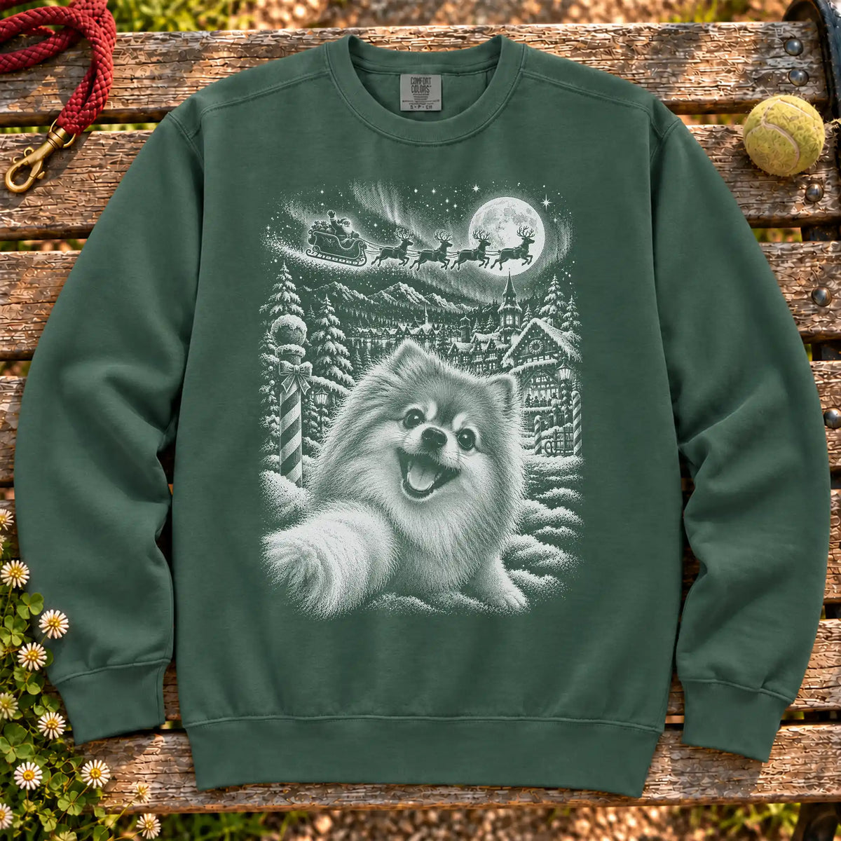 Pomeranian Santa Selfie design on a Blue Spruce sweatshirt