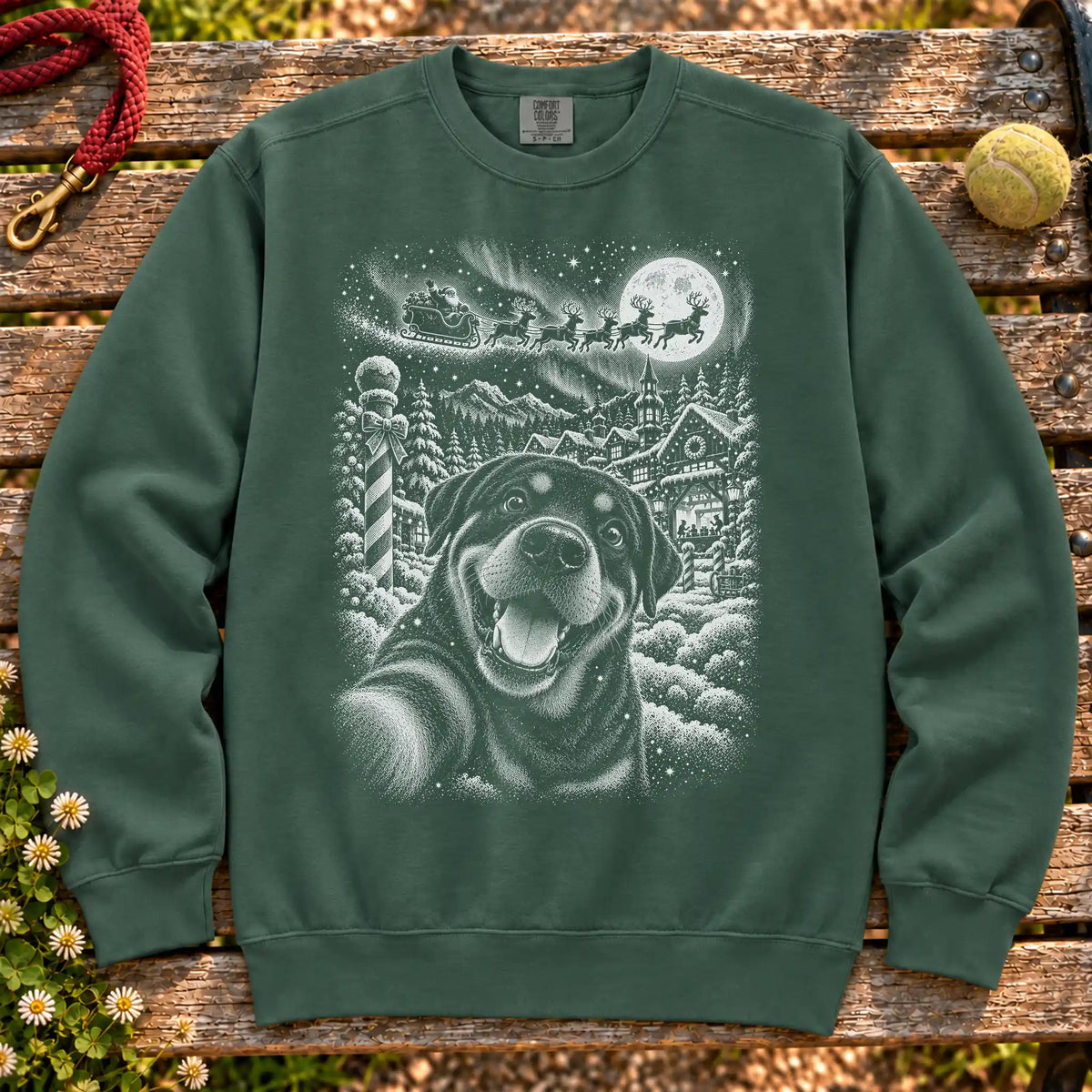 Rottweiler Santa Selfie design on a Blue Spruce sweatshirt
