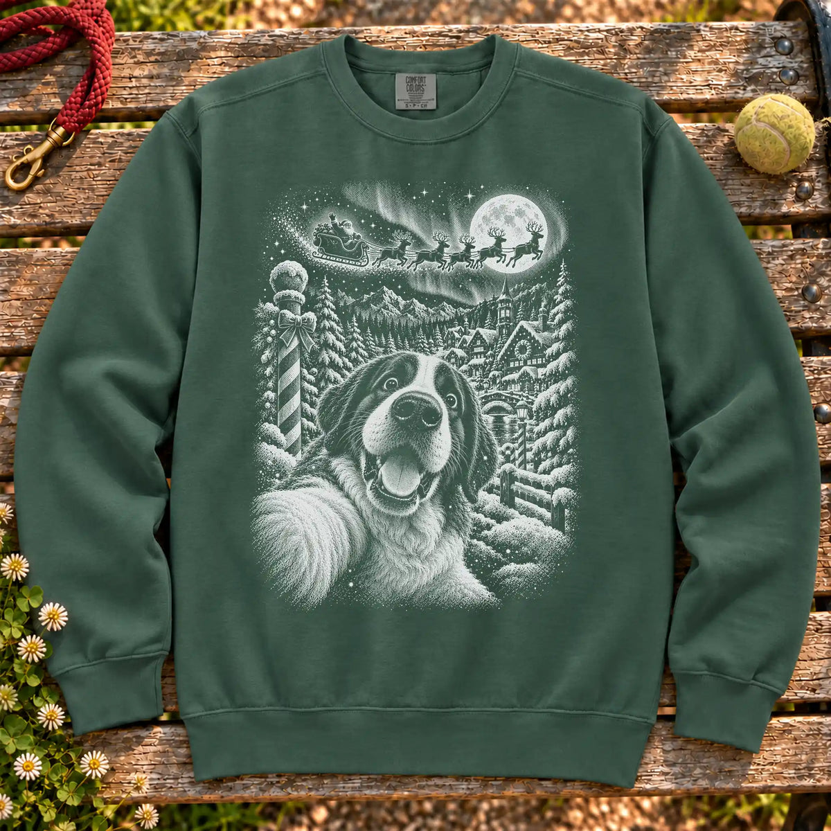 Saint Bernard Santa Selfie design on a Blue Spruce sweatshirt