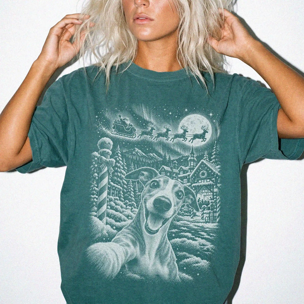 Woman wearing a Blue Spruce Whippet Santa Selfie T-shirt
