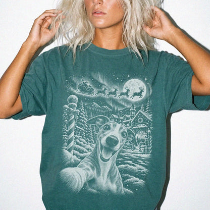Woman wearing a Blue Spruce Whippet Santa Selfie T-shirt