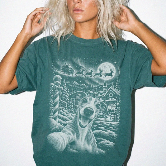 Woman wearing a Blue Spruce Whippet Santa Selfie T-shirt