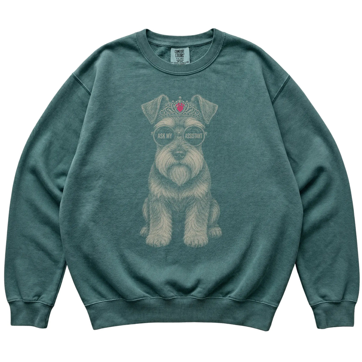 Blue Spruce Comfort Colors sweatshirt featuring Schnauzer Ask My Assistant, laid-flat presentation