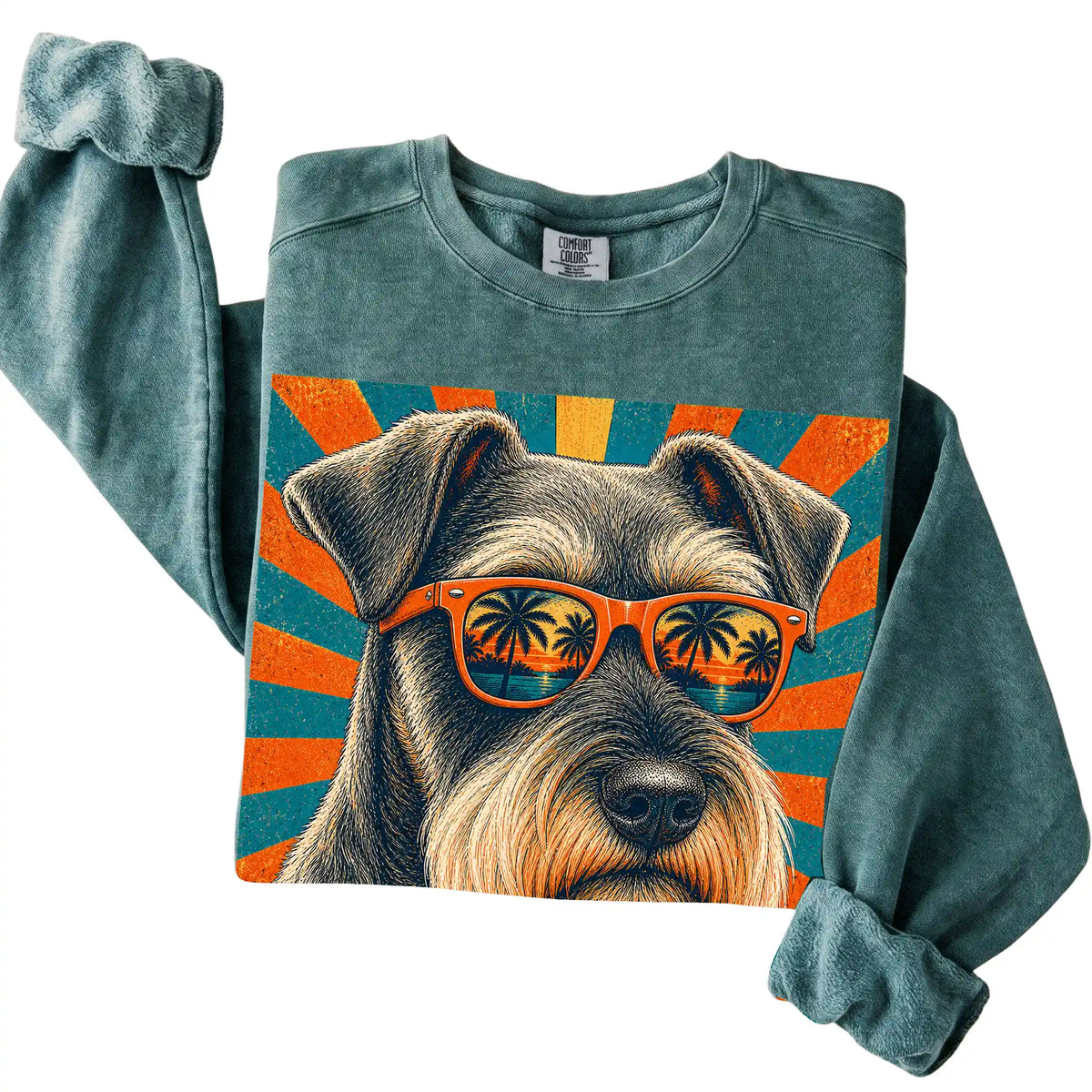 Folded Blue Spruce Comfort Colors sweatshirt with a Retro Schnauzer Dad design