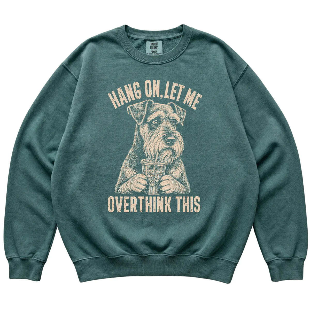 Blue Spruce Comfort Colors sweatshirt featuring Schnauzer Iced Coffee Overthink, laid-flat presentation
