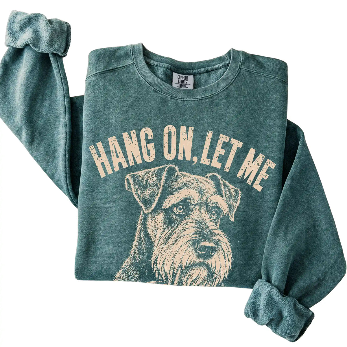 Blue Spruce Comfort Colors sweatshirt featuring Schnauzer Iced Coffee Overthink, folded presentation