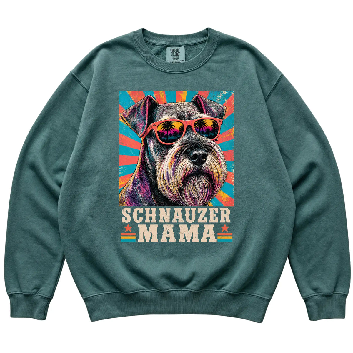 Retro Schnauzer Mama design on a Blue Spruce Comfort Colors sweatshirt