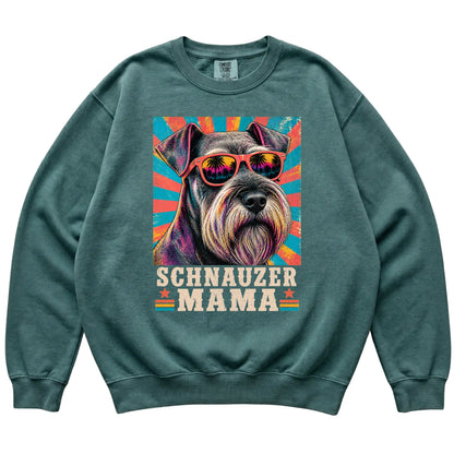 Retro Schnauzer Mama design on a Blue Spruce Comfort Colors sweatshirt