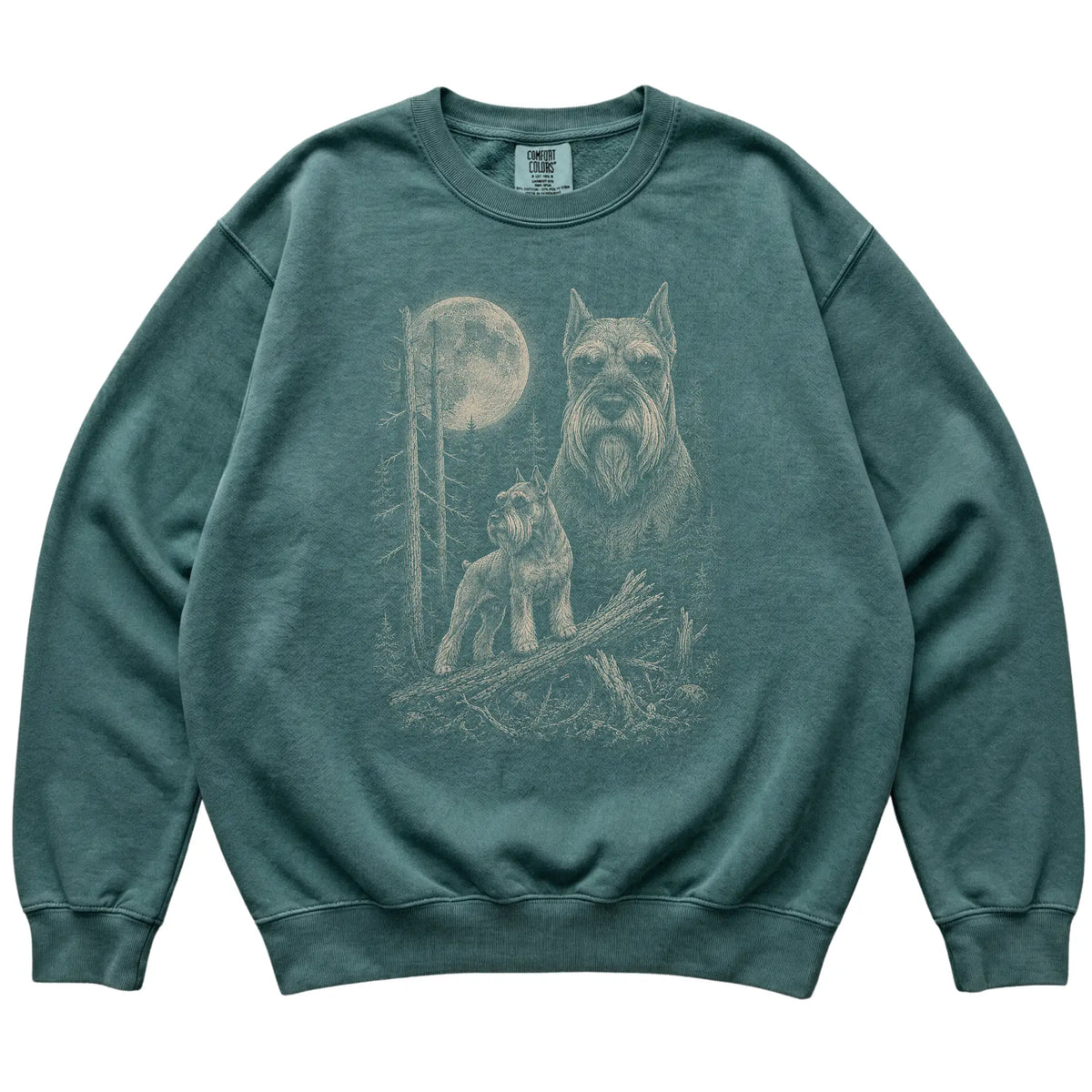 Blue Spruce Schnauzer Moonlit Forest Comfort Colors sweatshirt, flat view