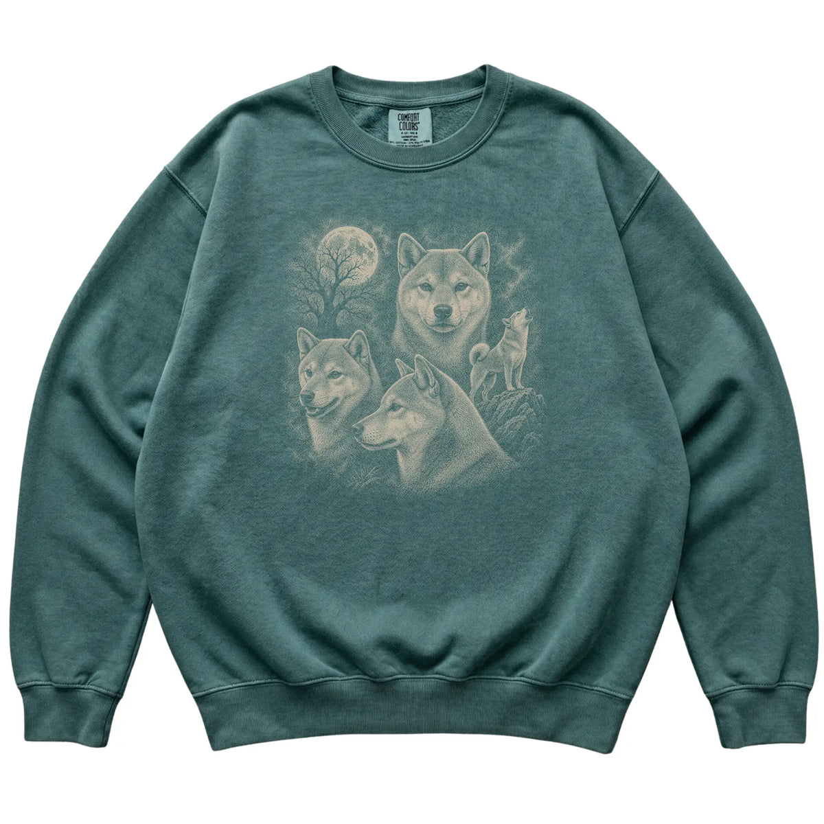 Shiba Inu 90s Moon Sweatshirt in Blue Spruce — flat lay