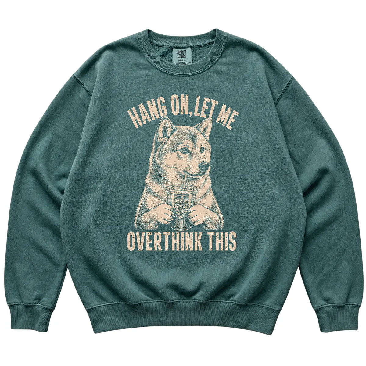 Blue Spruce Comfort Colors sweatshirt featuring Shiba Inu Iced Coffee Overthink, laid-flat presentation