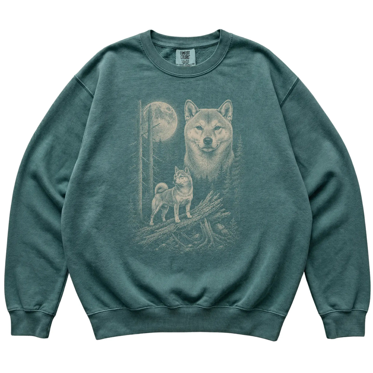 Blue Spruce Shiba Inu Moonlit Forest Comfort Colors sweatshirt, flat view