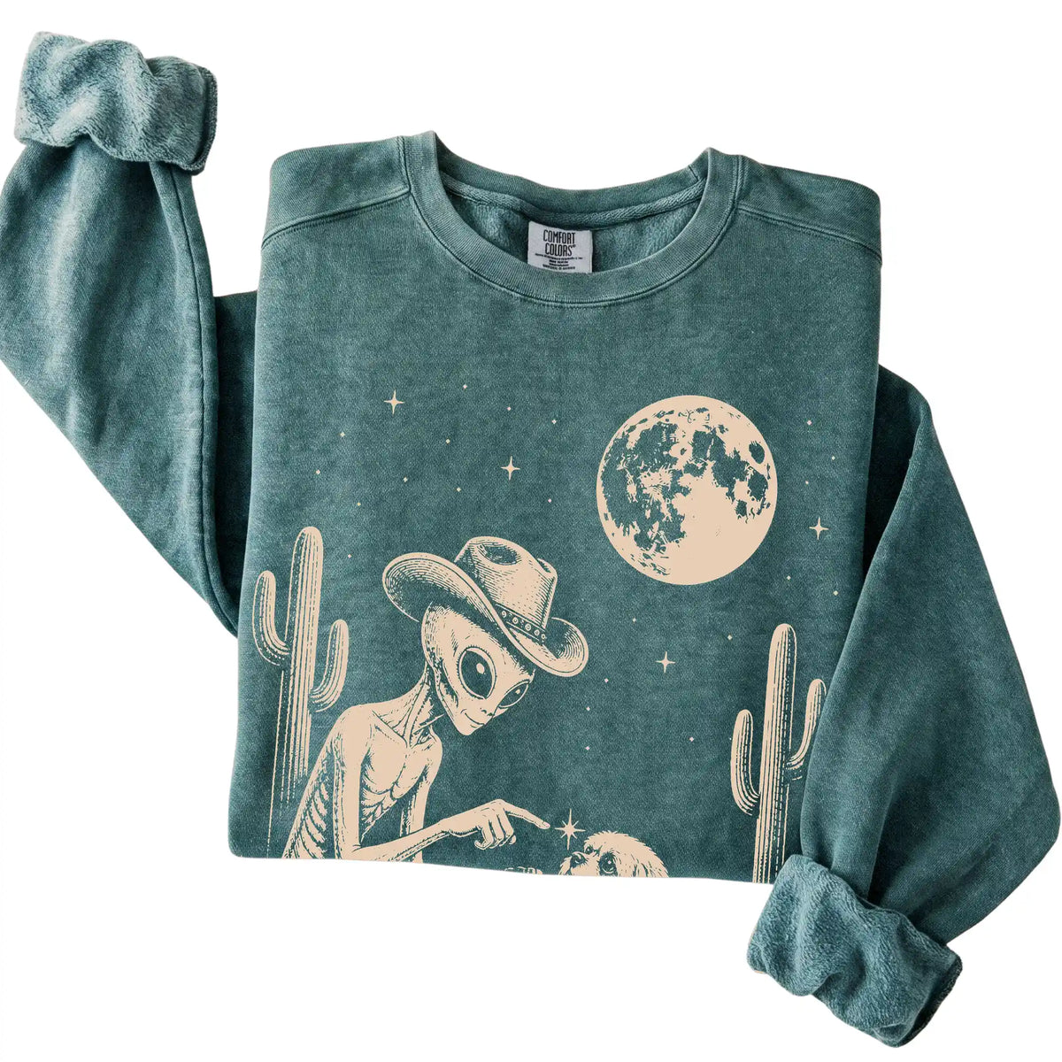 Blue Spruce Comfort Colors® sweatshirt featuring Shih Tzu Cowboy and Alien, folded presentation