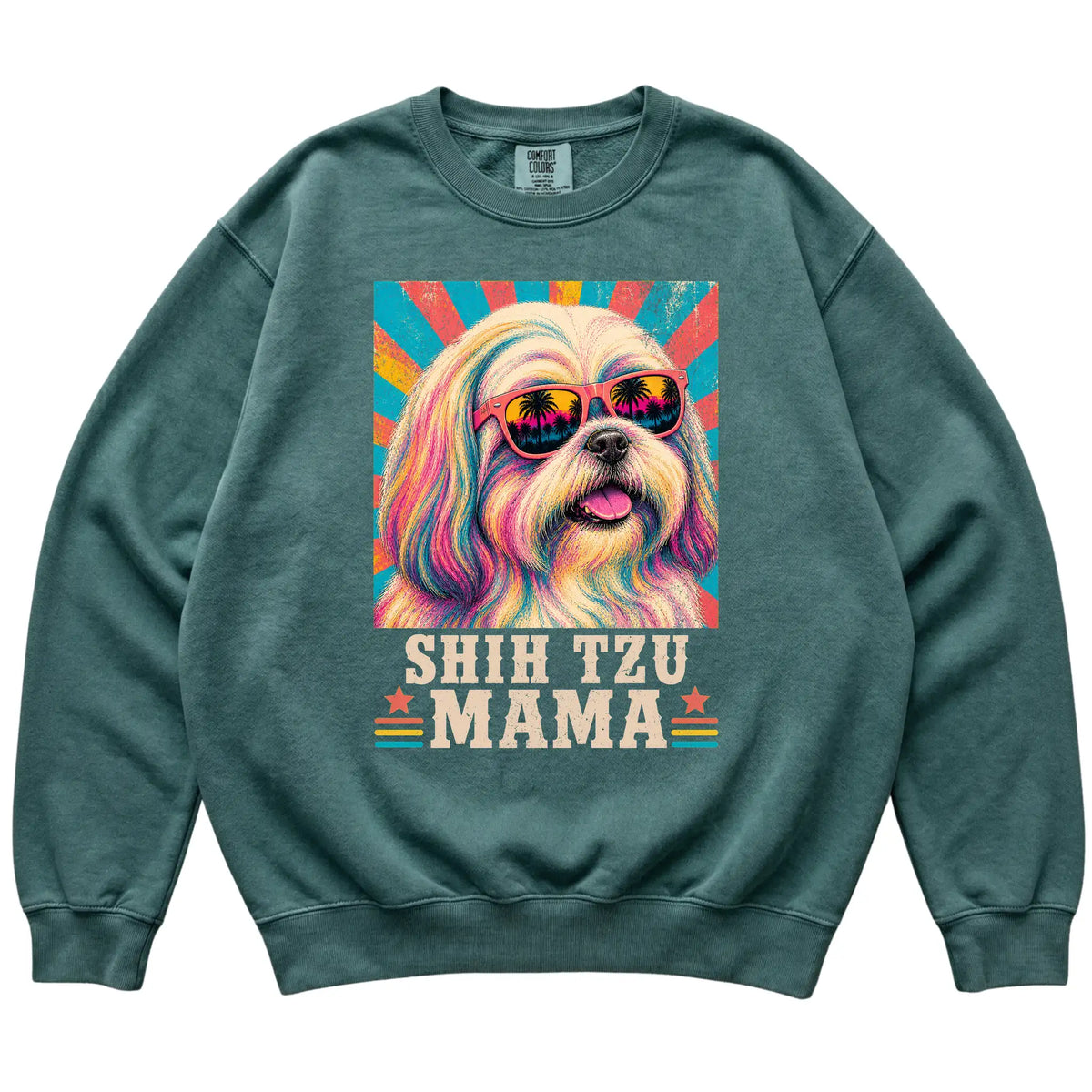 Retro Shih Tzu Mama design on a Blue Spruce Comfort Colors sweatshirt