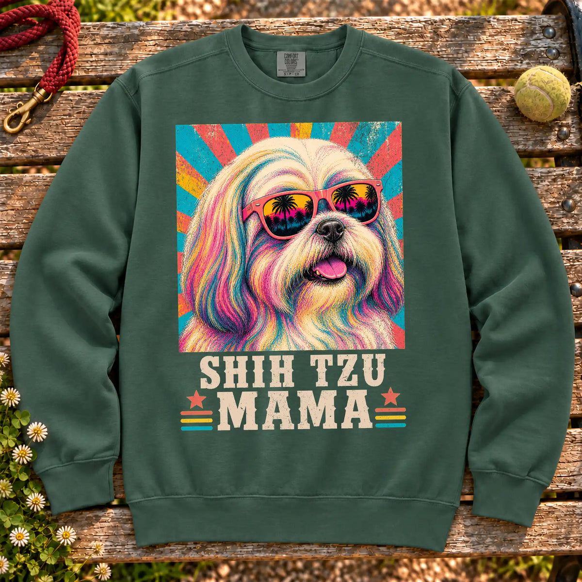 Shih Tzu Mama on a Blue Spruce crewneck sweatshirt, shown flat