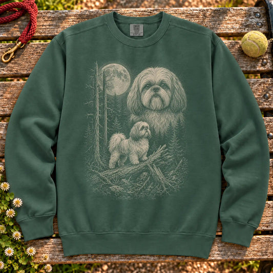 Shih Tzu Moonlit Forest design on a Blue Spruce crewneck sweatshirt shown flat