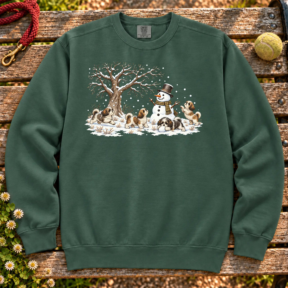 Shih Tzu puppies playing in snow with a snowman on a Blue Spruce sweatshirt