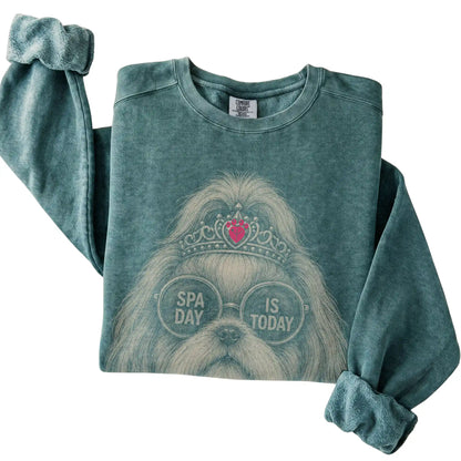 Blue Spruce Comfort Colors sweatshirt featuring Shih Tzu Spa Day Is Today, folded presentation