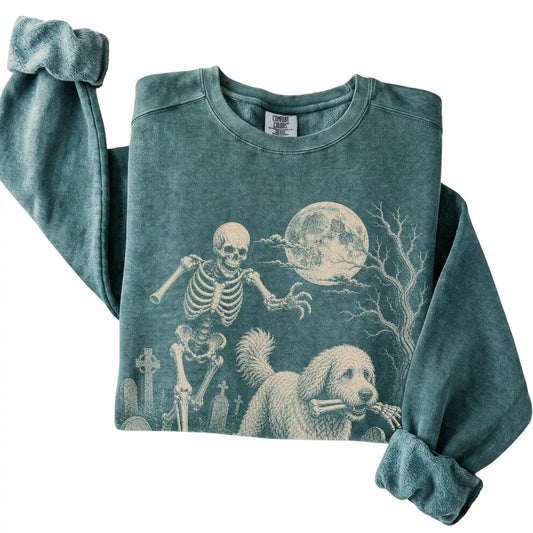 Blue Spruce Skeleton Chase Goldendoodle Comfort Colors sweatshirt, folded view