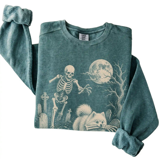 Blue Spruce Skeleton Chase Pomeranian Comfort Colors sweatshirt, folded view