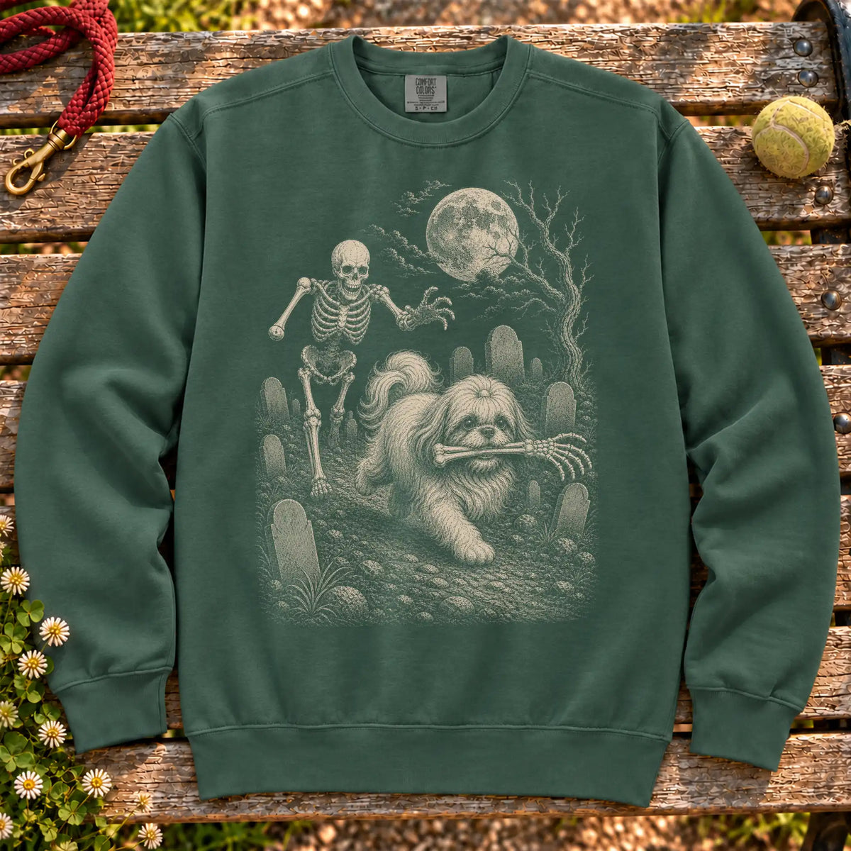 Shih Tzu Skeleton Chase on a Blue Spruce crewneck sweatshirt, shown flat