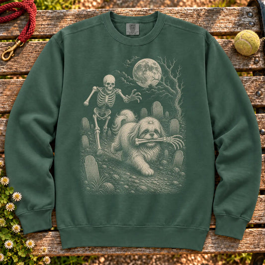 Shih Tzu Skeleton Chase on a Blue Spruce crewneck sweatshirt, shown flat