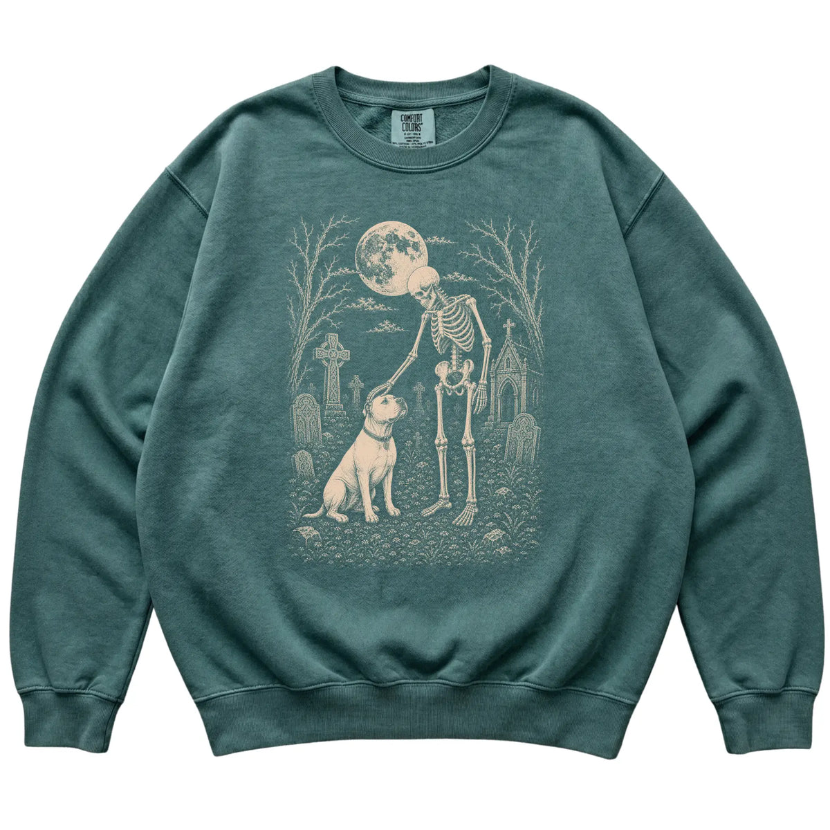 Skeleton petting an American Bulldog in a graveyard on a Blue Spruce sweatshirt