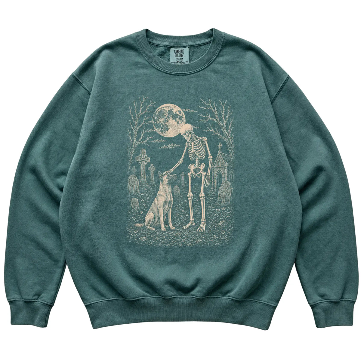 Skeleton petting a Belgian Malinois in a graveyard on a Blue Spruce sweatshirt