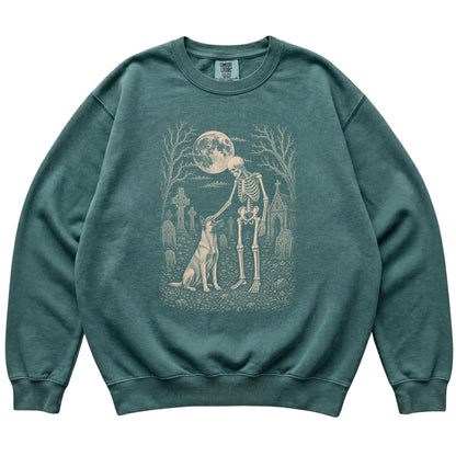 Skeleton petting a Belgian Malinois in a graveyard on a Blue Spruce sweatshirt
