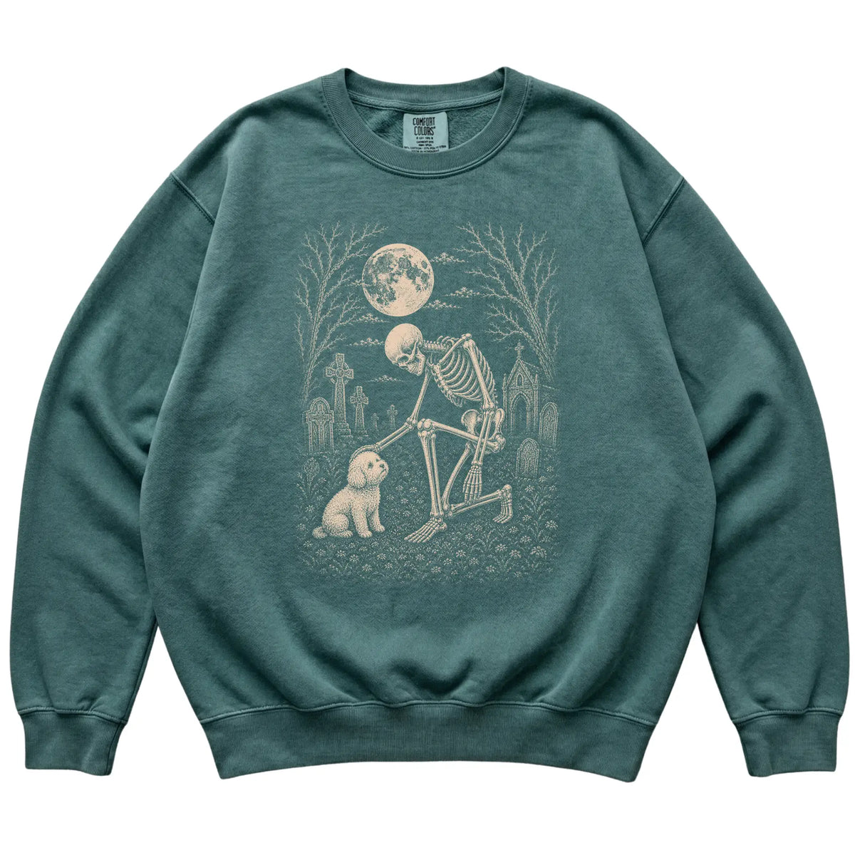 Skeleton petting a Bichon Frise in a graveyard on a Blue Spruce sweatshirt
