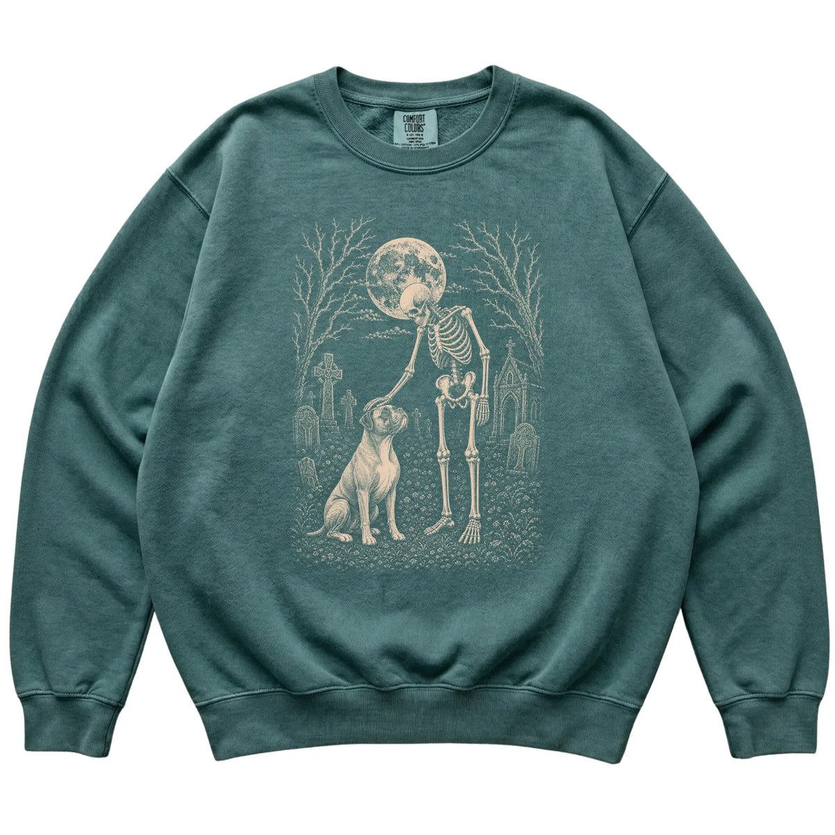 Skeleton petting a Boxer in a graveyard on a Blue Spruce sweatshirt