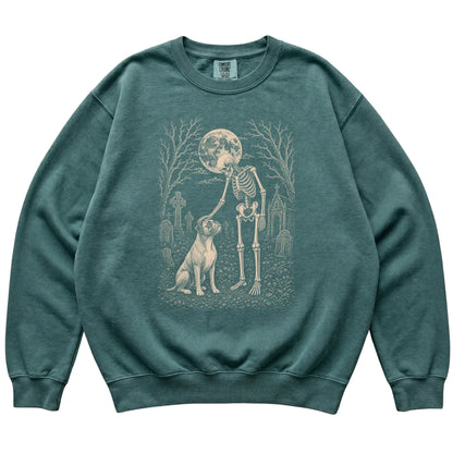Skeleton petting a Boxer in a graveyard on a Blue Spruce sweatshirt