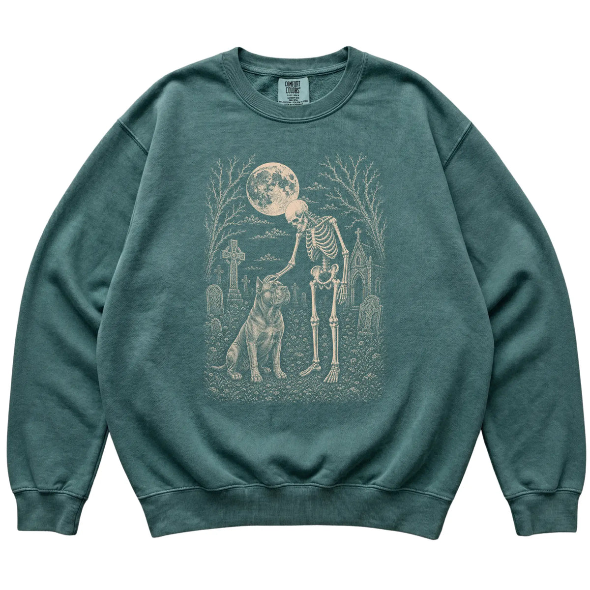 Skeleton petting a Cane Corso in a graveyard on a Blue Spruce sweatshirt