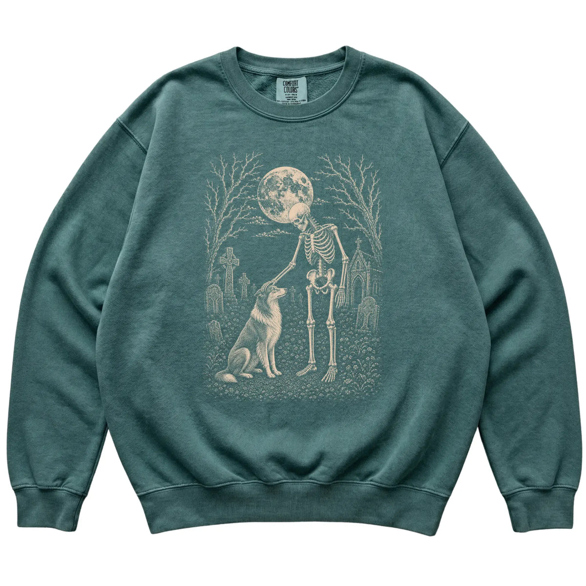 Skeleton petting a Collie in a graveyard on a Blue Spruce sweatshirt