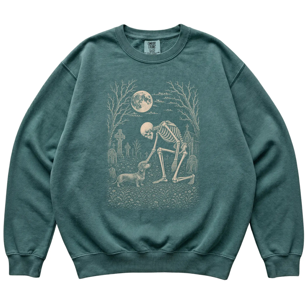 Skeleton petting a Dachshund in a graveyard on a Blue Spruce sweatshirt