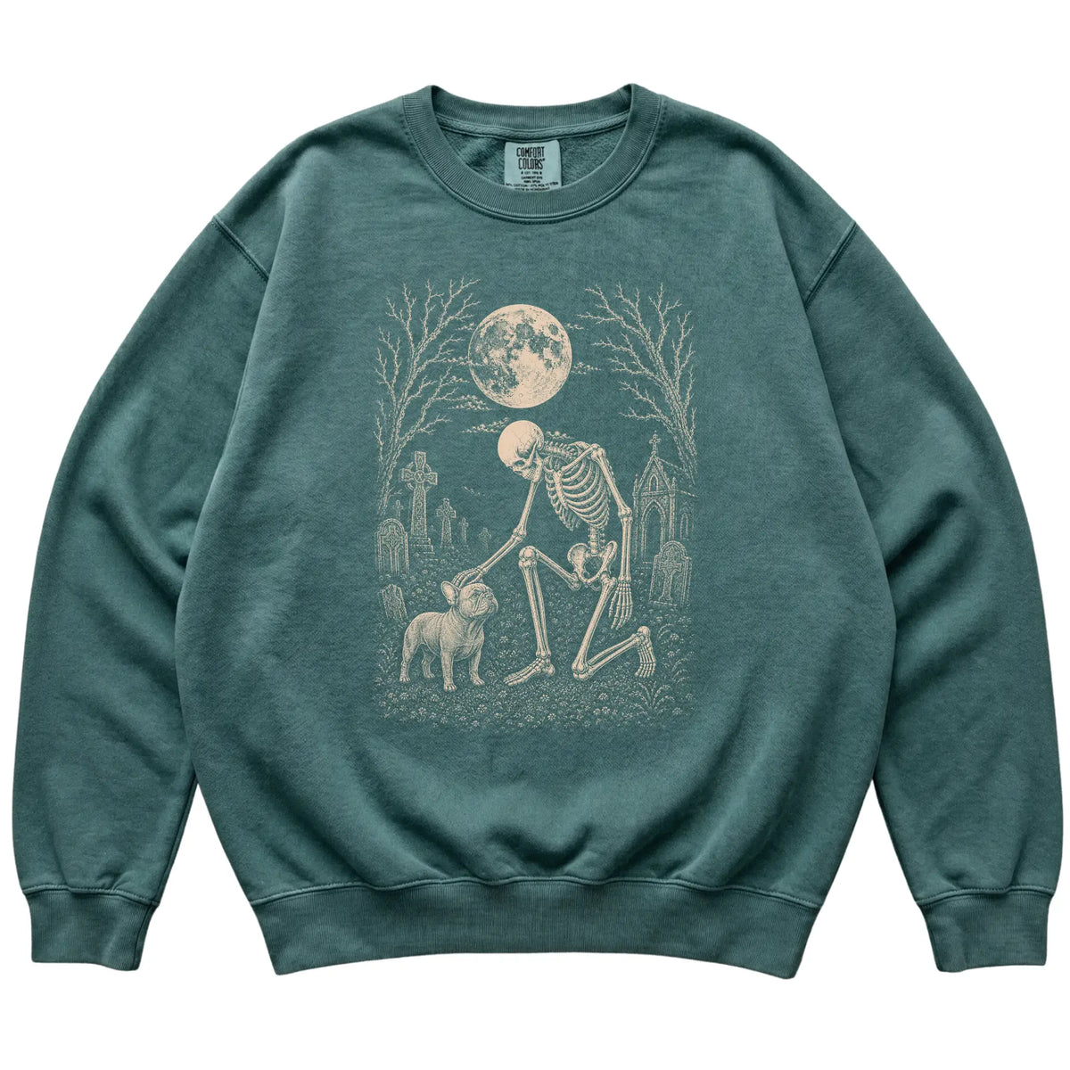 Skeleton petting a French Bulldog in a graveyard on a Blue Spruce sweatshirt
