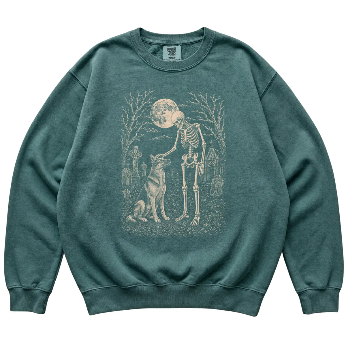 Skeleton petting a German Shepherd in a graveyard on a Blue Spruce sweatshirt