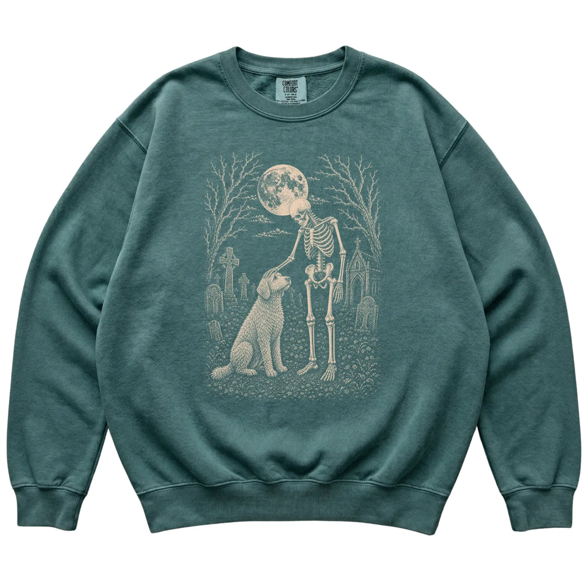Skeleton petting a Goldendoodle in a graveyard on a Blue Spruce sweatshirt