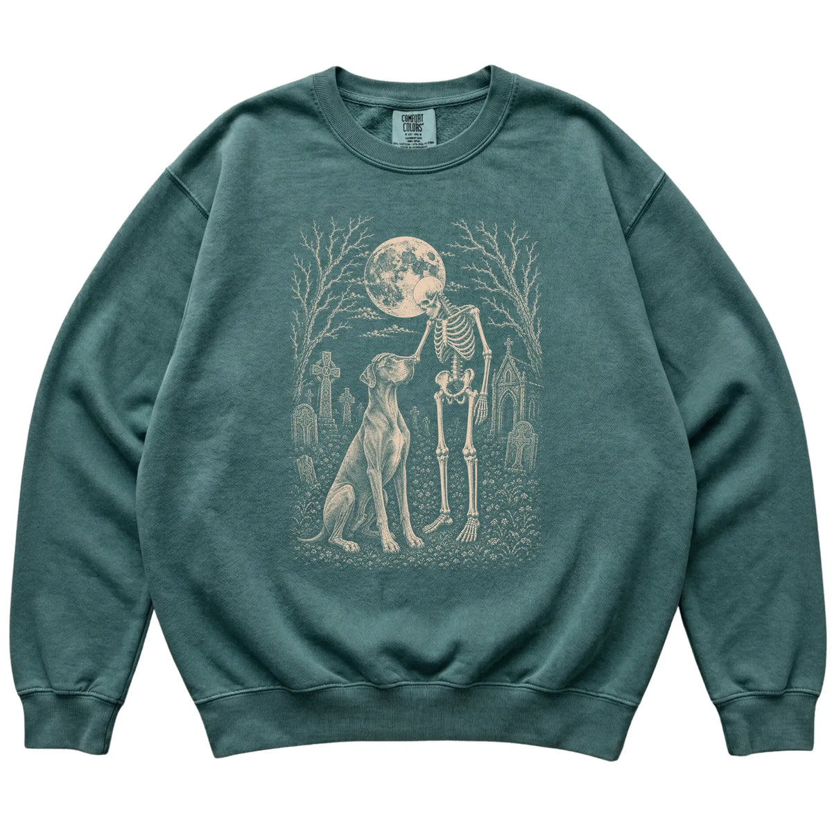 Skeleton petting a Great Dane in a graveyard on a Blue Spruce sweatshirt