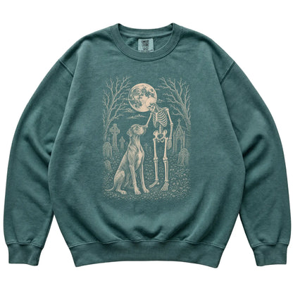 Skeleton petting a Great Dane in a graveyard on a Blue Spruce sweatshirt