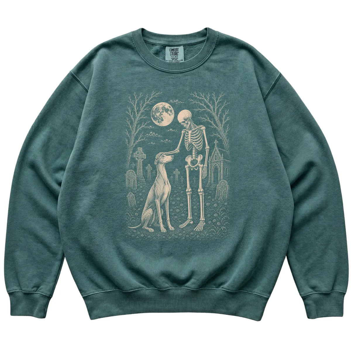 Skeleton petting a Greyhound in a graveyard on a Blue Spruce sweatshirt